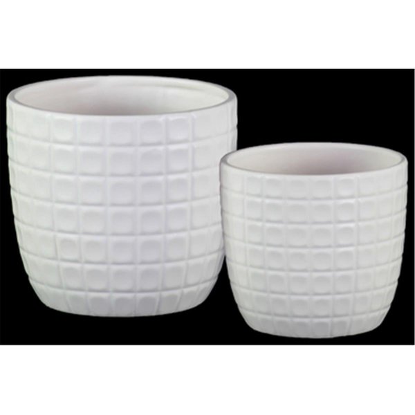 Urban Trends Collection Ceramic Round Pot with Embossed Lattice Square Design Body White Set of 2 37318